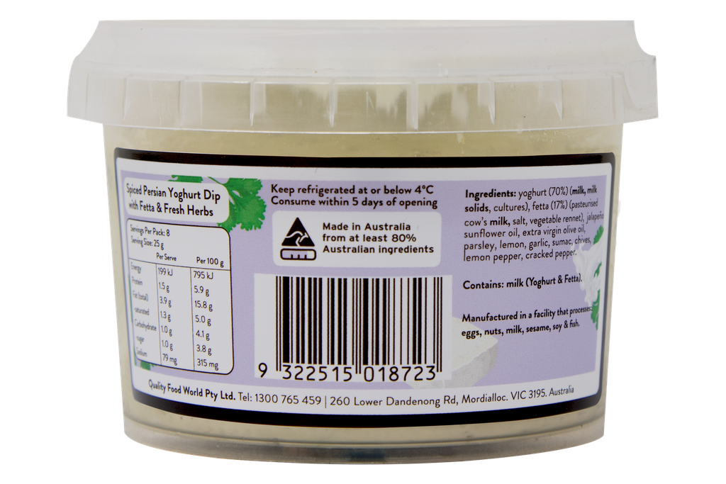 2508723 Fifya  Spiced Persian Yoghurt Dip With Fetta & Fresh Herbs Gf 250G-BACK.webp