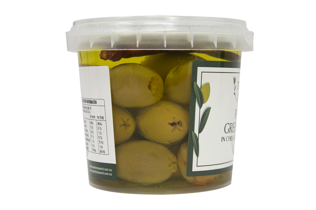 2507314 OB Pitted Green Olives in chilli & garlic marinade 335g-SIDE.webp